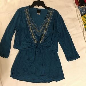 💙j.t.b. Vintage teal 2 pc blouse set with gold embroidery  size Large boho